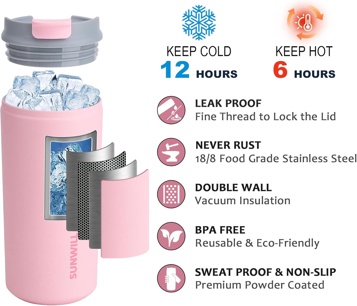 Insulated Coffee Mug with Lid, Leak Proof Tumbler Stainless Steel, 12 Oz Travel Cup for Office, Home, Powder Coated Light Pink