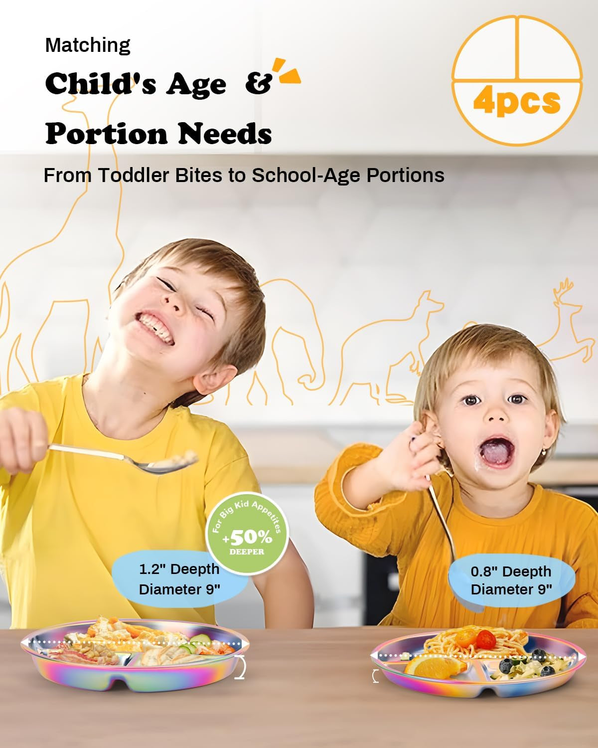 Stainless Steel Kids Plates 4 Packs, Deepened 9" Portion Control Plate Divided Plate for Toddlers Bigger Appetite, Non Toxic Unbreakable Metal Lunch Dishes, Colorful