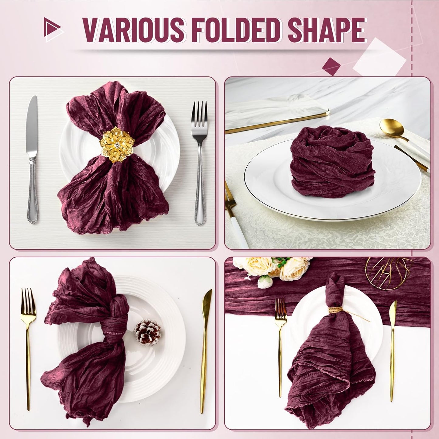 25 Pack Cheesecloth Napkins 20X20 Inch Dinner Table Napkins Boho Washable Rustic Gauze Napkins Bulk for Wedding Bridal Baby Shower Party Decor (Burgundy)