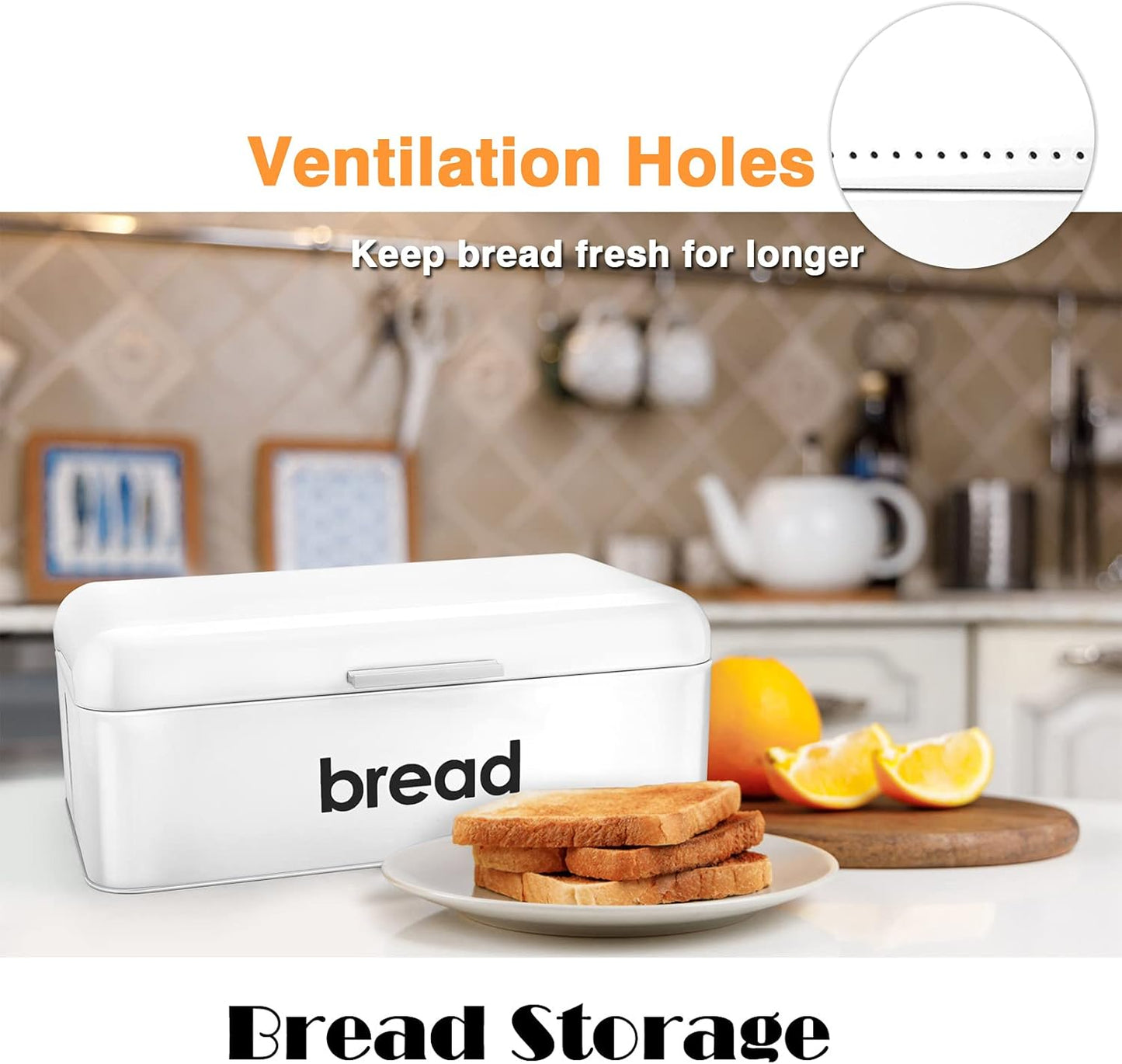 Bread Box(16.5" X 9"), Teal Bread Bin for Kitchen Counter, Storage Loaf/Doughnut/Cake/Biscuit/Baked Goods, Smooth Surface &Sturdy Handle & Air Holes, White
