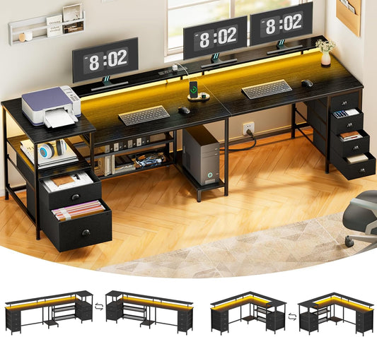 110 Inch 2 Person Desk, Long Two Person Gaming Desk with 6 Drawers & Storage Shelves, 66 Inch L-Shaped Desk with Power Outlets, LED Lights, Corner Table for Home Office, Black