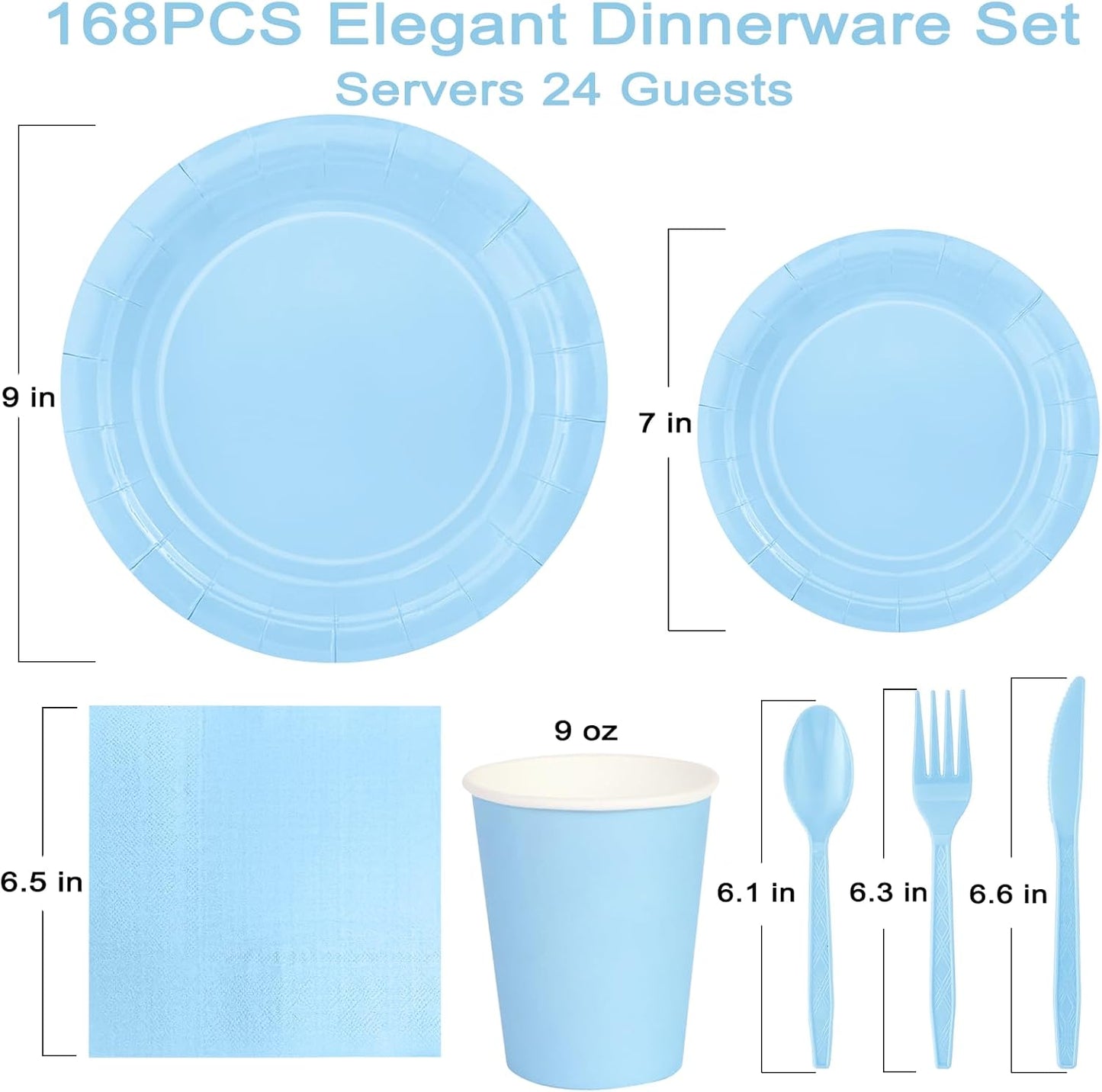 168PCS Light Blue Paper Plates and Napkins, Blue Disposable Plates Set for Baby Shower Gender Reveal Birthday Party Supplies Serve 24 Guests