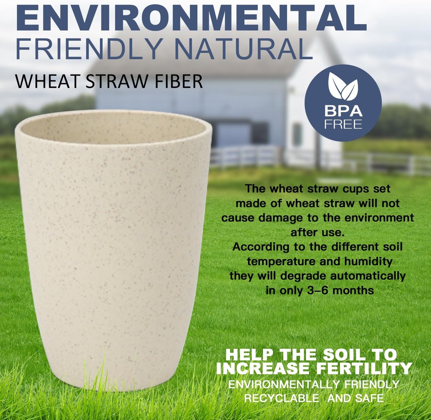 Unbreakable Wheat Straw Drinking Cups - Set of 8, Stackable, Reusable, Dishwasher Safe, 20 OZ, Beige Color