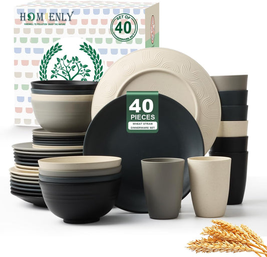 40-Piece Kitchen Wheat Straw Dinnerware Set - Includes Dinner Plates, Cereal Bowls, and Cups, Microwave and Dishwasher Safe, Unbreakable for Parties and Outdoor Use (Grey Stone)