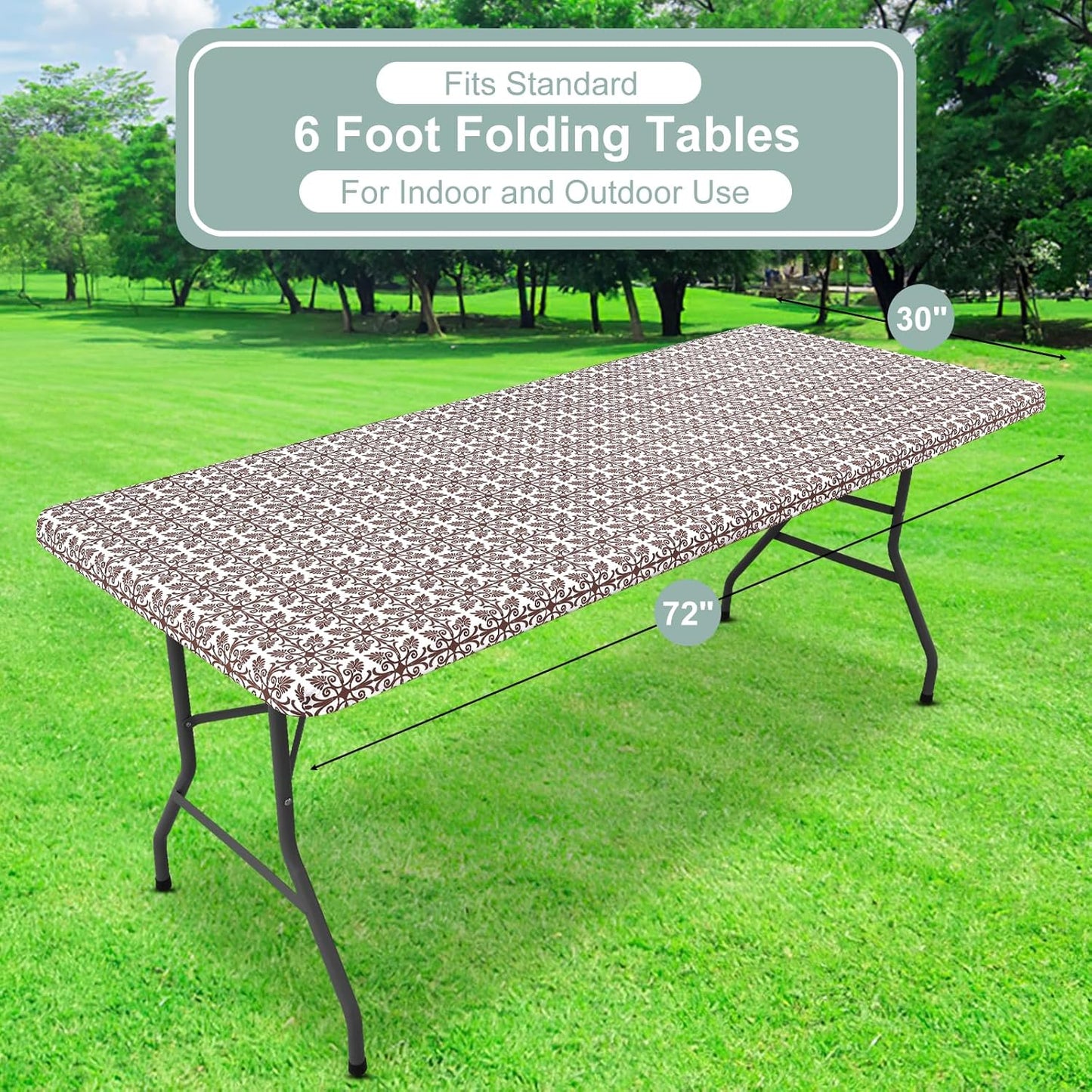Rectangle Vinyl Table Cloth, Elastic Fitted Flannel Backed Tablecloth, 100% Waterproof Plastic Table Cover Fits 6 Foot Folding Tables for Picnic, Camping, Outdoor (Coffee, 30" X 72")