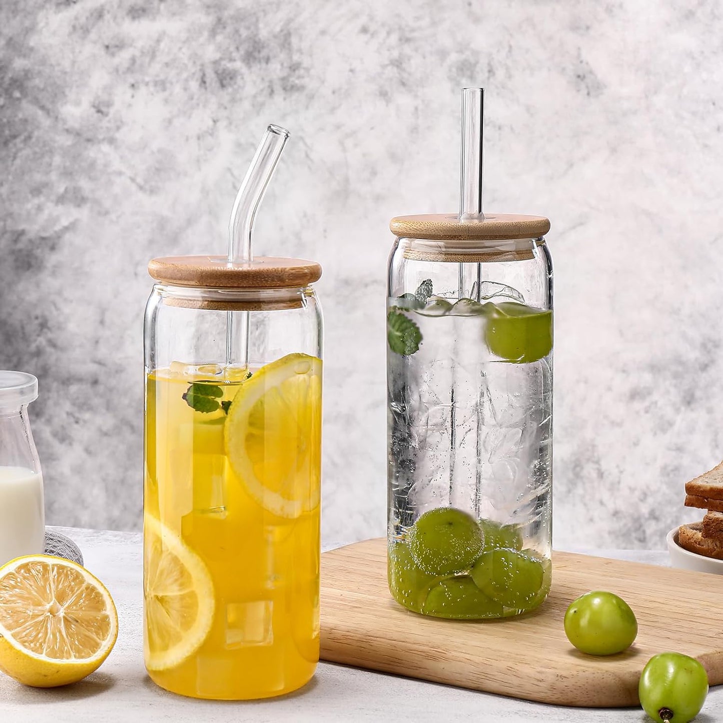 Glass Cups “20Oz”,Glass Cups with Lids and Straws 4 Pcs-Coffee Cups,Drinking Glasses Set,Glass Tumbler with Straw and Lid Gift 2 Cleaning Brushes