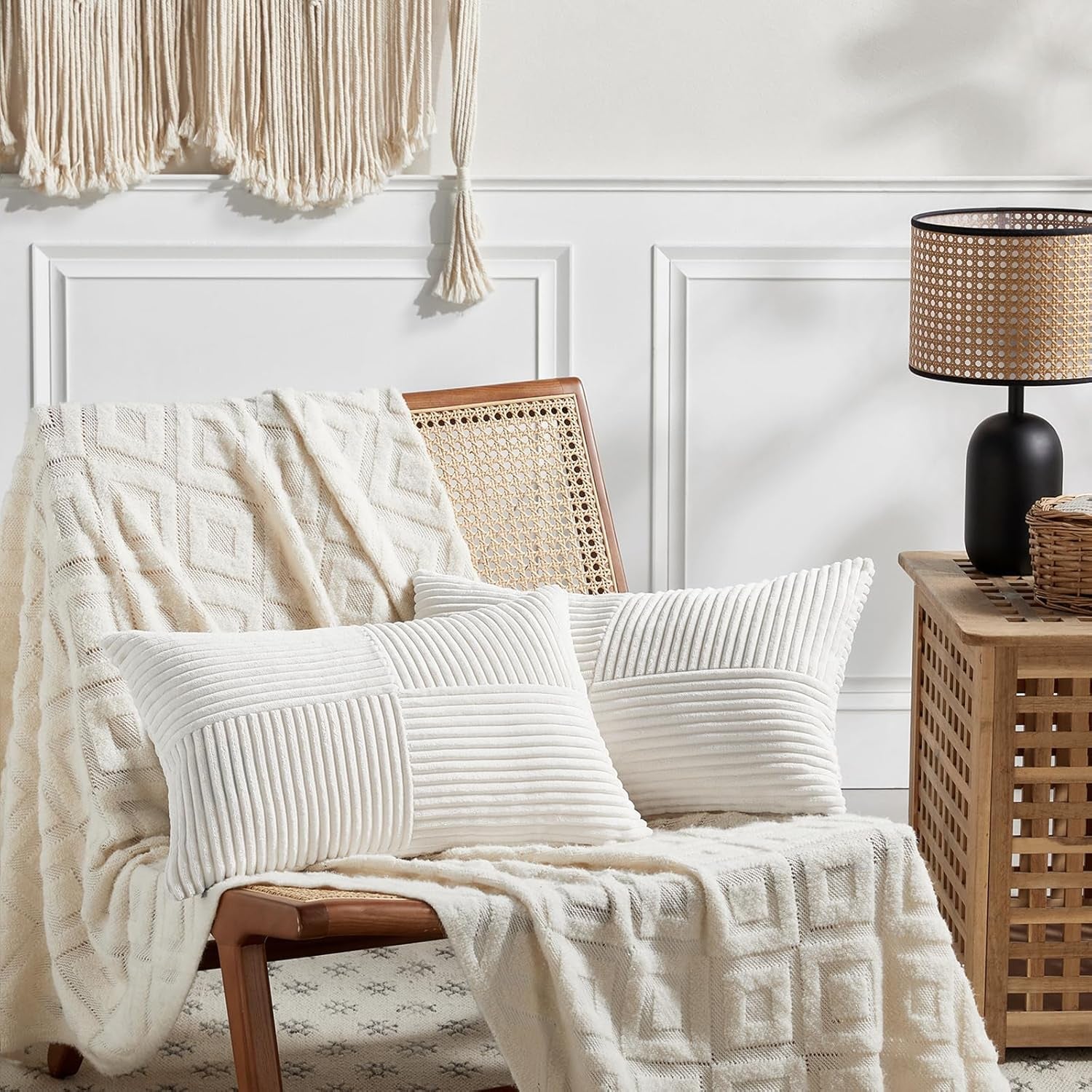 Cream White Lumbar Decorative Throw Pillow Covers 12X20 Inch for Living Room Couch Bed Sofa, Rustic Farmhouse Boho Home Decor, Soft Striped Corduroy Rectangle Accent Cushion Case 30X50 Cm