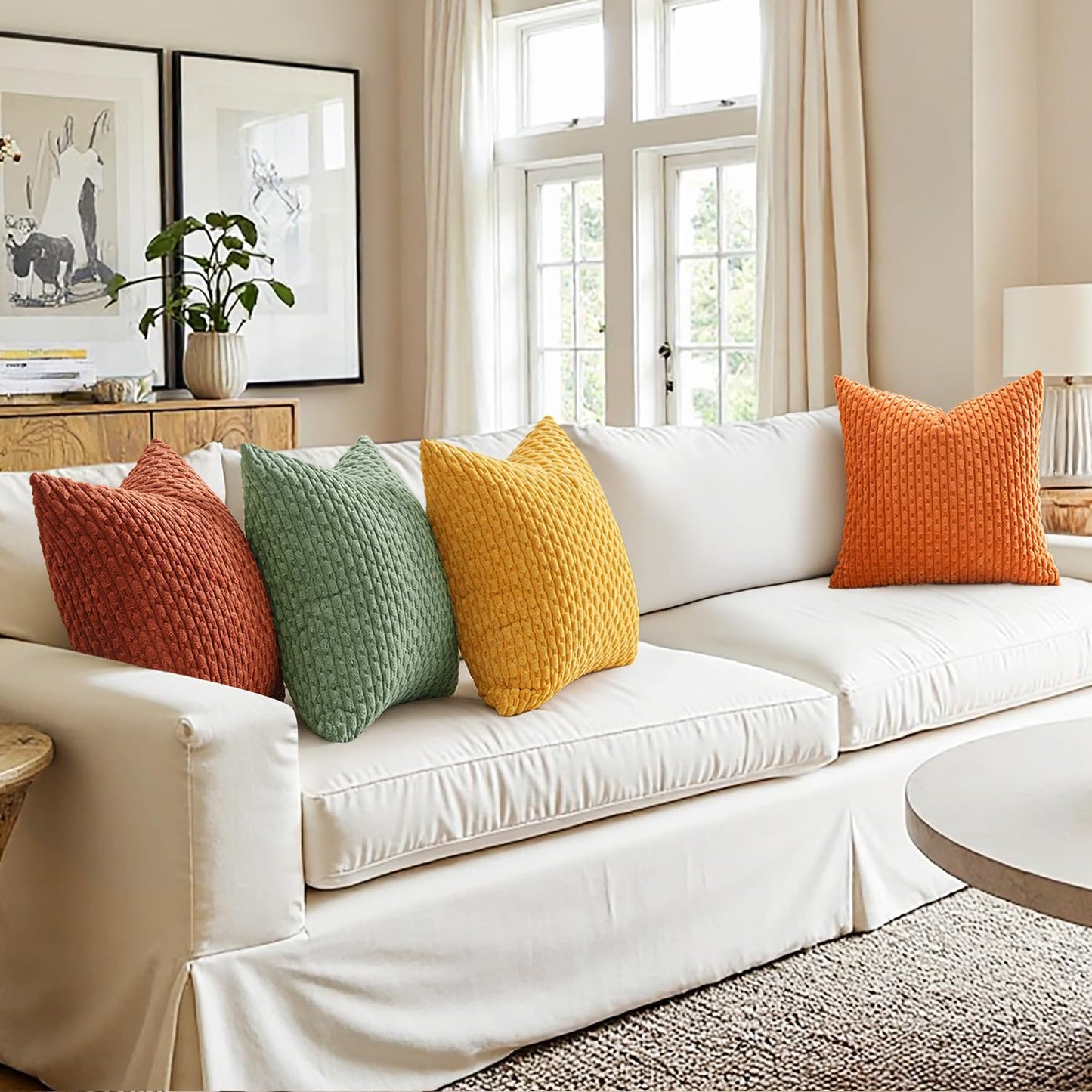 Set of 4 Fall Burnt Orange Corduroy Throw Pillow Covers - Boho Striped Decorative Cushion Cases for Couch, Bed, and Sofa - 18x18 Inch Farmhouse Home Decor