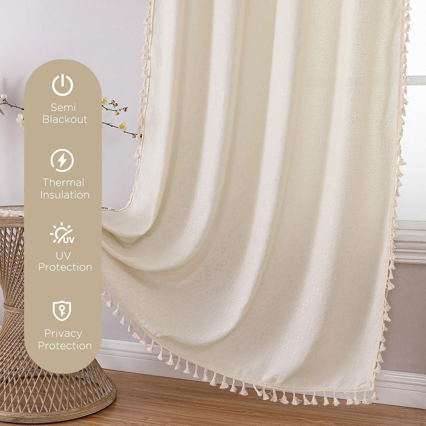 Beige Bohemian Curtains, 84-Inch Length, Set of 2 Panels, Soft Semi-Sheer Light Filtering Drapes with Tassels for Bedroom and Living Room (Rod Pocket, 52"W x 84"L)