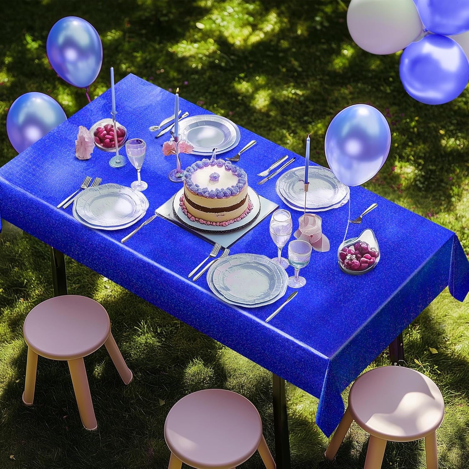 Royal Blue Holographic Foil Tablecloths - Set of 2, 54x72 Durable Table Covers for Elegant Events, Perfect for Parties, Weddings, and Showers