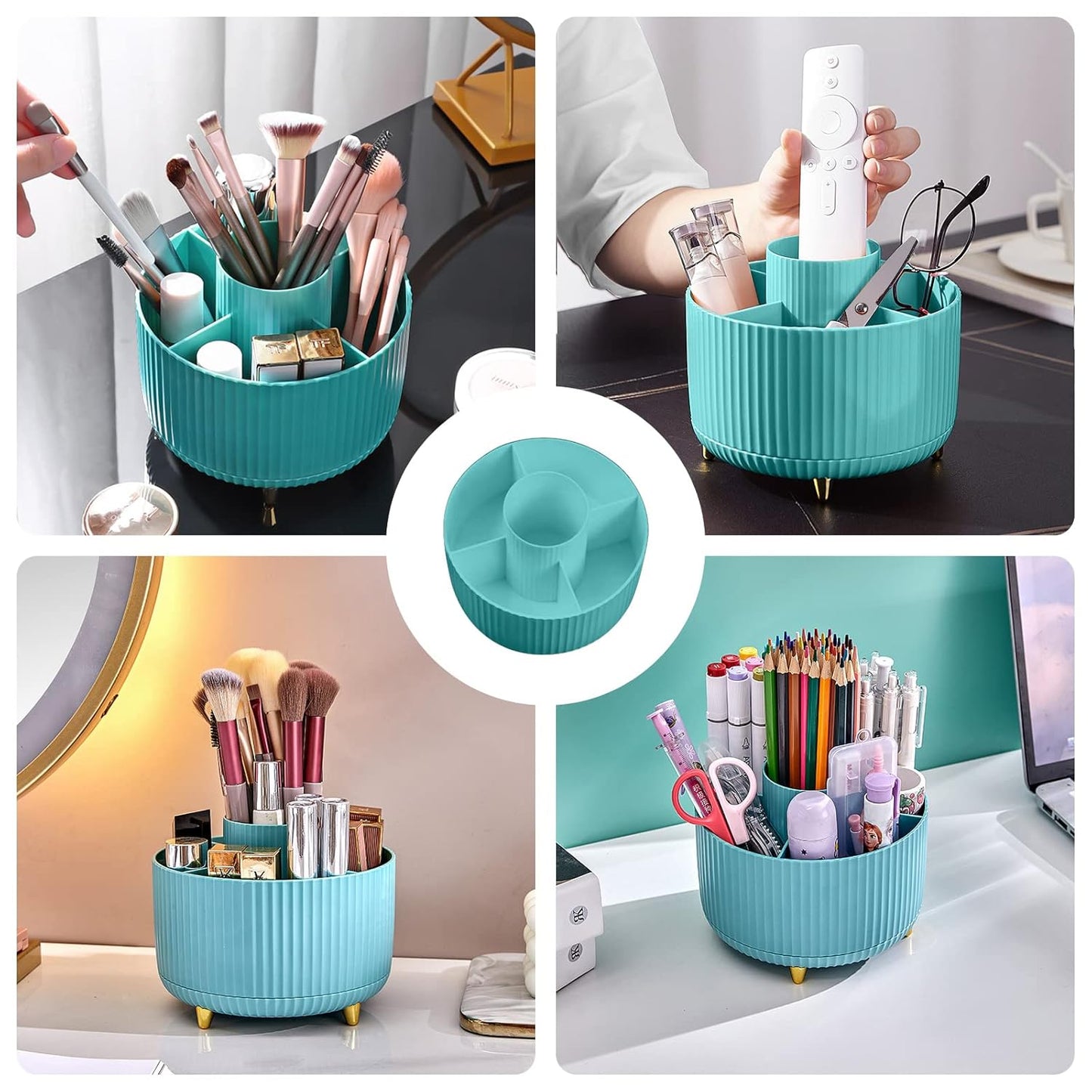 360 Rotating Makeup Brush Organizer with 5 Sections, Spining Countertop Swivel Makeup Brush Holder for Cosmetics, Nail Polish, Art Supply, Bathroom Vanity Desktop Organizer - Blue