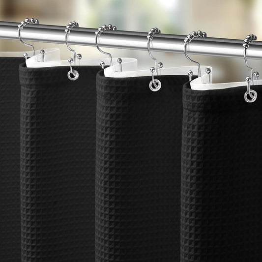 Waffle Shower Curtain and Liner Set, 3 in 1 Shower Curtain Set with Waterproof EVA Liner and Double Sided Hooks for Bathroom Black,36W X72L