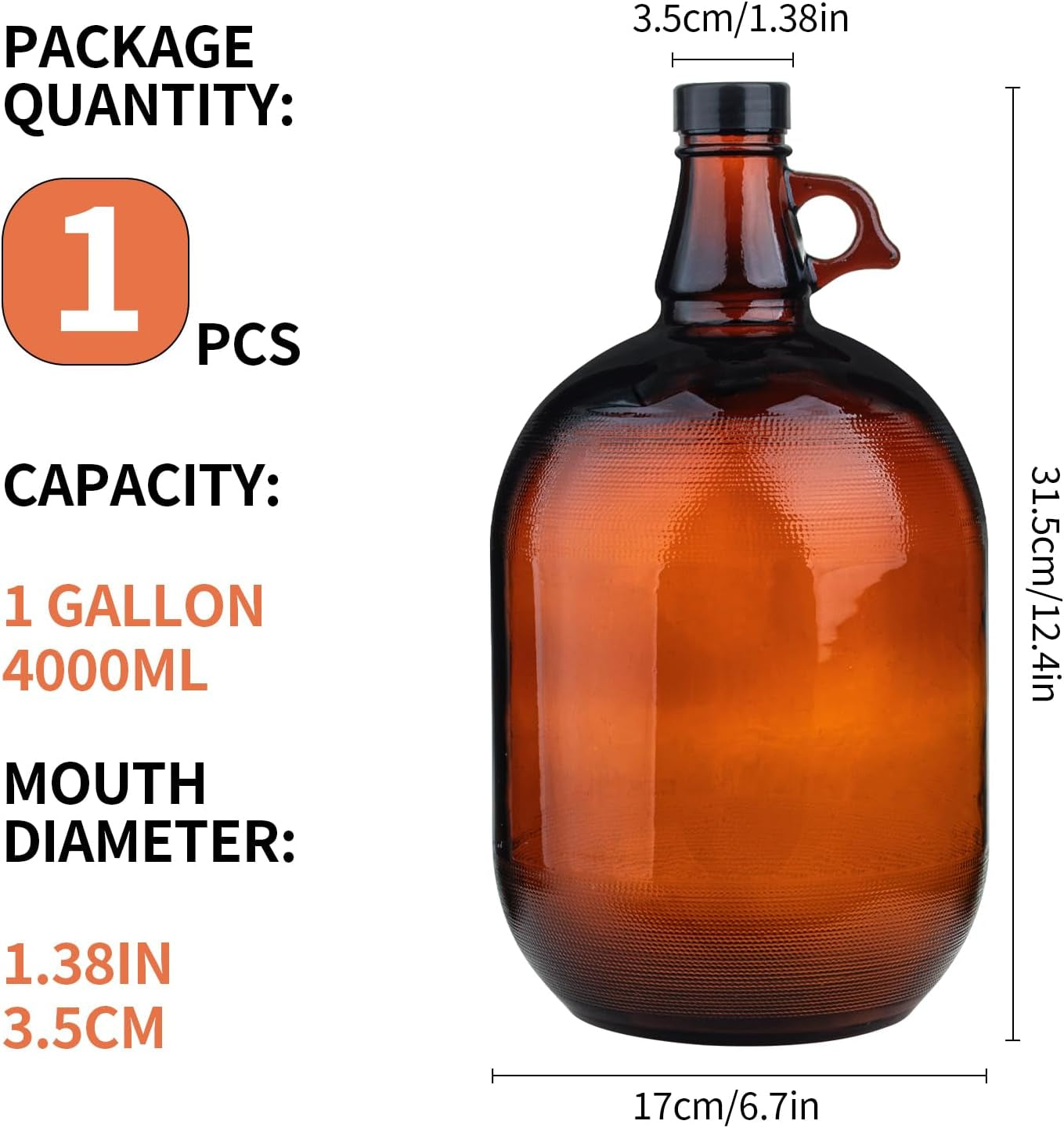 1 Gallon Glass Jug,Amber Glass Water Bottles with Handle,128 Oz Glass Gallon Jugs for Kombucha,Home Decor,Vanilla Extract,Water,Beer