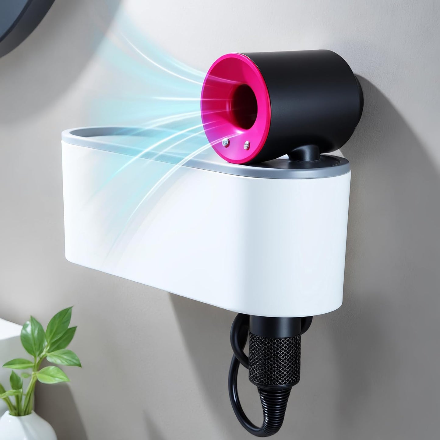 Self-Adhesive Hair Dryer Holder - 3-in-1 Hair Tool Organizer for Bathroom, Wall-Mounted, Over Cabinet Door, and Free-Standing, White and Grey