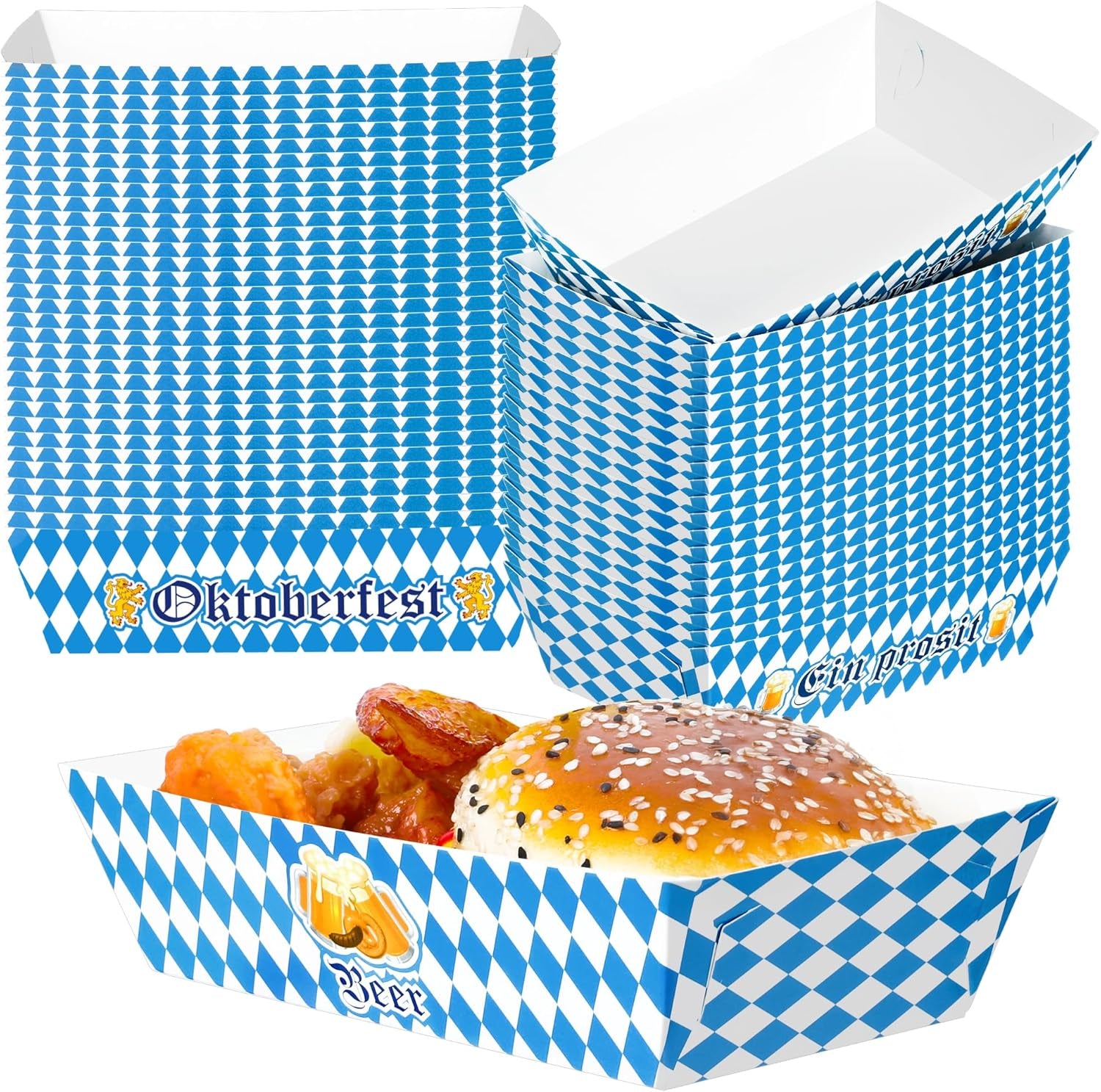50 PCS Oktoberfest Paper Food Tray, Blue White Oktoberfest Party Supplies with 3 Designs, Disposable Oktoberfest Decorations, Fold-To-Assemble Boat Beer Festival Food Tray for Bavarian Celebration