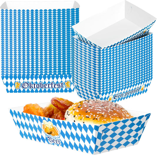 50 PCS Oktoberfest Paper Food Tray, Blue White Oktoberfest Party Supplies with 3 Designs, Disposable Oktoberfest Decorations, Fold-To-Assemble Boat Beer Festival Food Tray for Bavarian Celebration