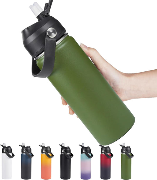 18Oz Insulated Stainless Steel Water Bottle, Wide Mouth Double Wall Vacuum, Silicone Straw, Sweat & Leak Proof, BPA Free Insulated Water Flask for Travel, Keep Cold 24H Hot 12H, Green