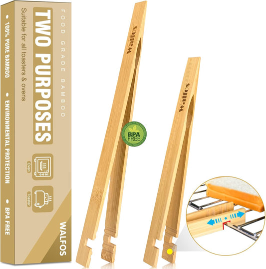 Wooden Tongs - Bamboo Toaster Tongs for Cooking, Bamboo Tongs Ideal for Toaster, Fruits, Bread & Pickles, Kitchen Utensil for Cheese Bacon Muffin - 8" & 10 Inch Long | Set of 2