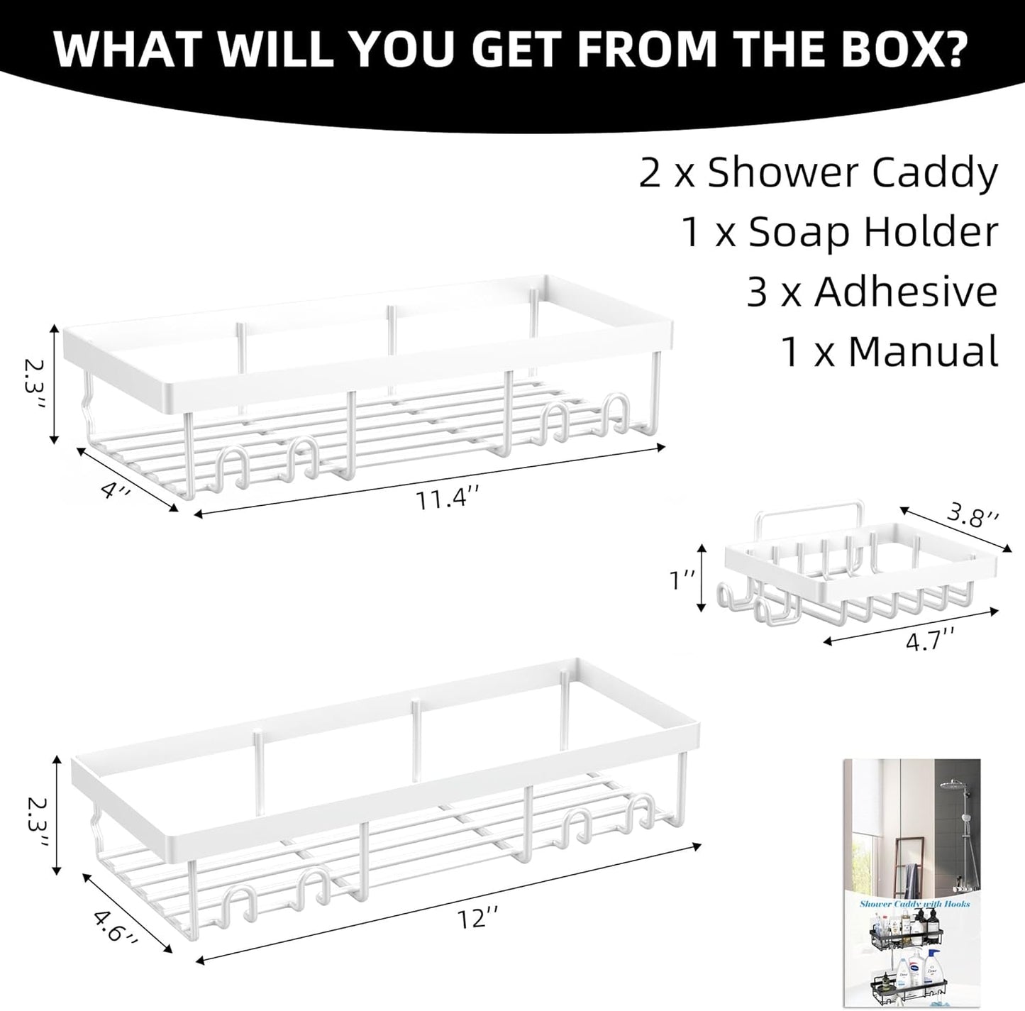 3-Pack Shower Caddy Basket Shelf with Soap Holder, No Drilling Traceless Adhesive Shower Wall Shelves, Rustproof White Bathroom Shower Storage Organizer