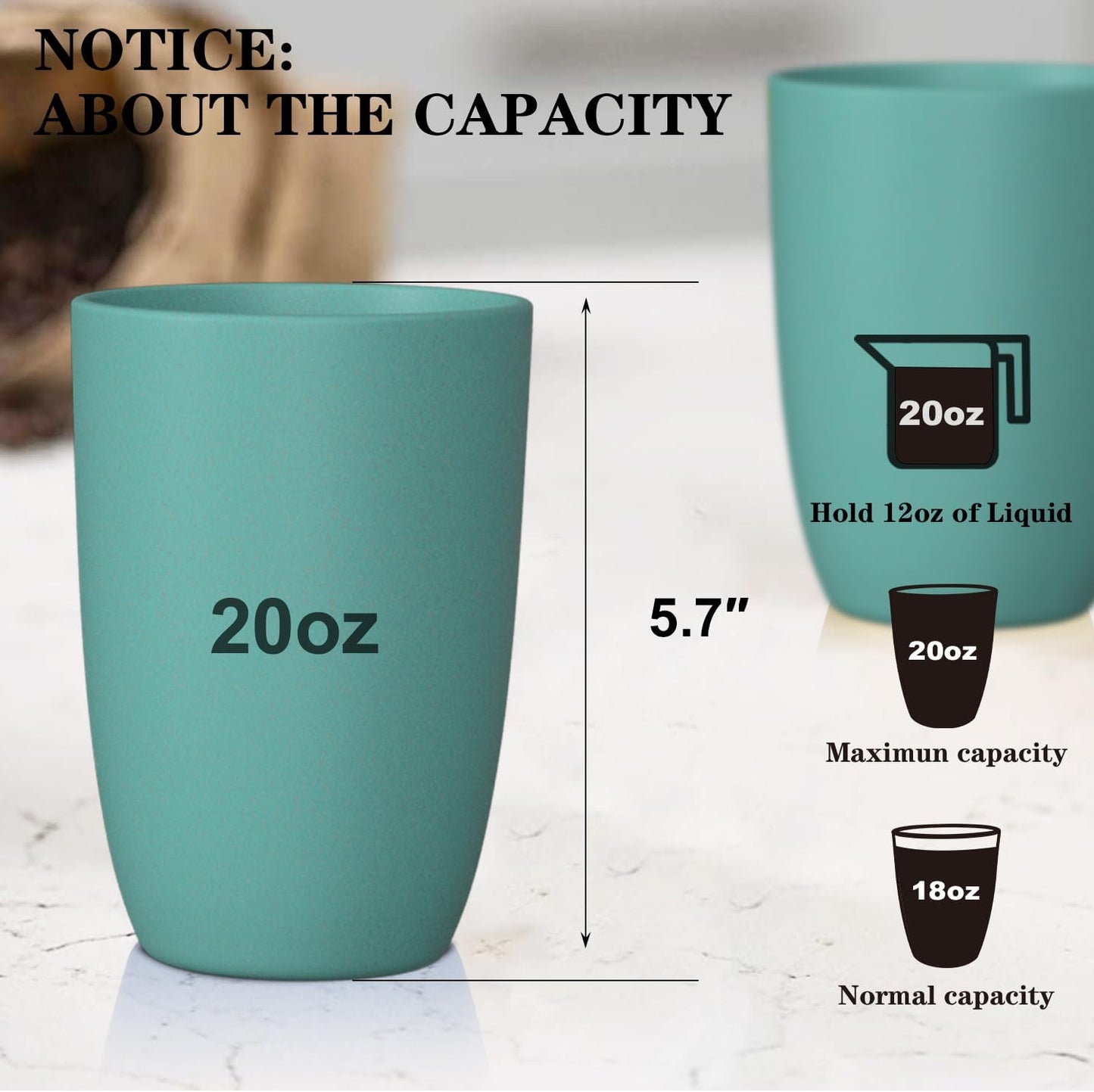 Wheat Straw Drinking Glasses Set - 8 Reusable Unbreakable 20 OZ Cups, Dishwasher and Microwave Safe, Green