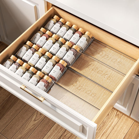 Spice Drawer Organizer, 4 Tier- 4 Pack Clear Acrylic Drawer Seasoning Organizer, Expandable from 11'' to 22'' Kitchen Spice Rack Organizers and Storage for Drawer (Jars Not Included)