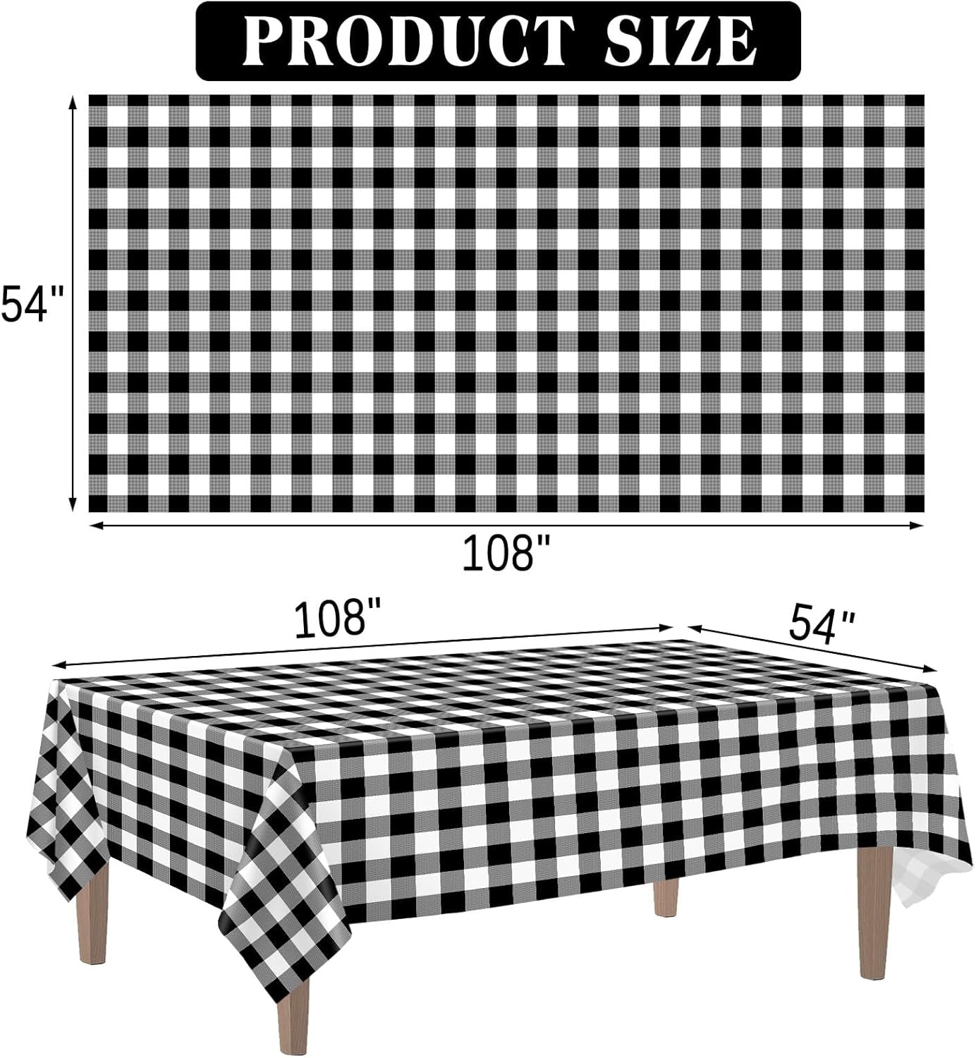 2 Pack Black Gingham Tablecloth, 54 X 108 Inches Black and White Checkered Tablecloths Plastic Table Cloth Disposable Picnic Tablecovers for Rectangle Table