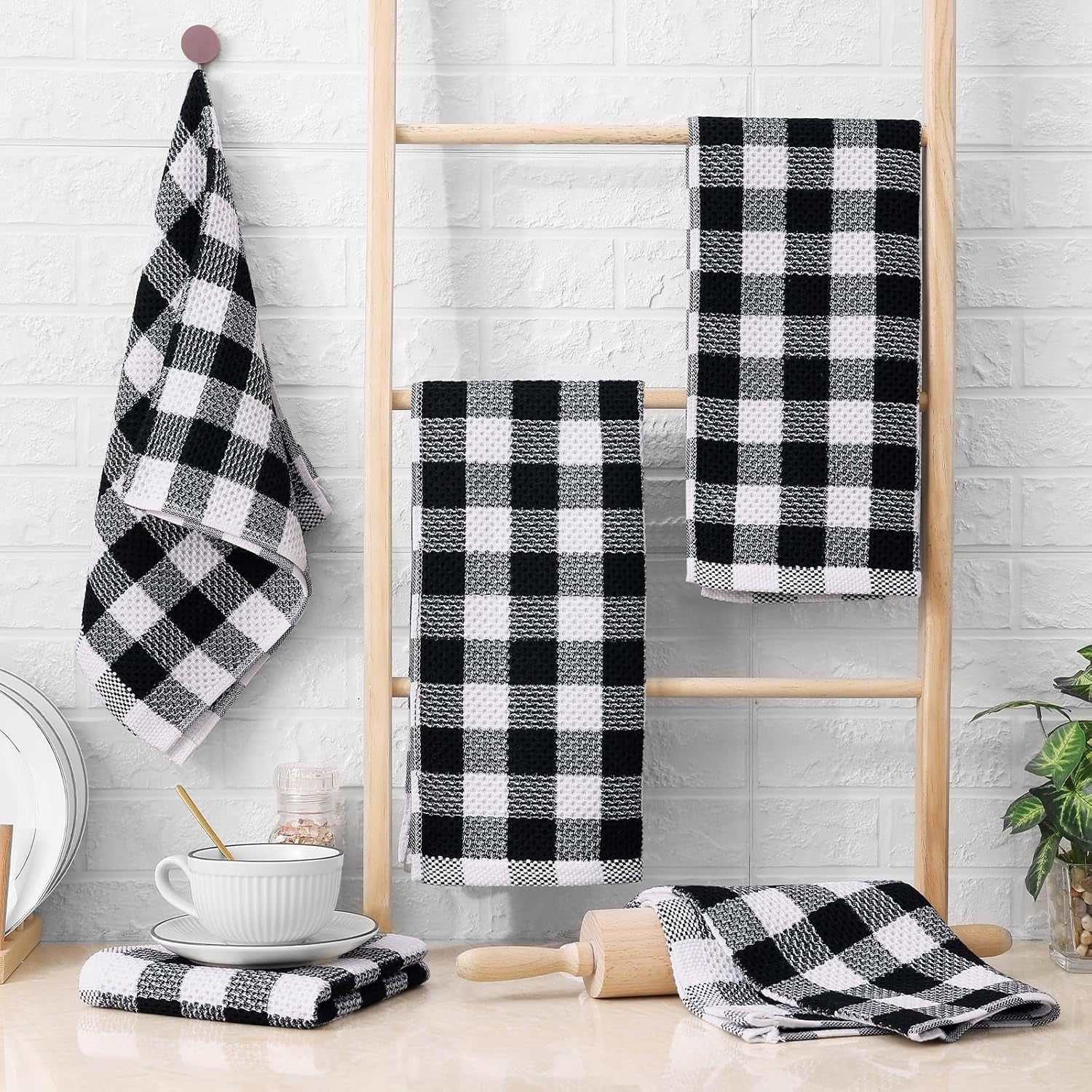 Buffalo Plaid Kitchen Towels Set, 4 Pack 100% Cotton Waffle Weave Dish Towels for Kitchen, Super Soft Absorbent Kitchen Hand Dish Cloths for Drying and Cleaning(13" X 28", Black & White)