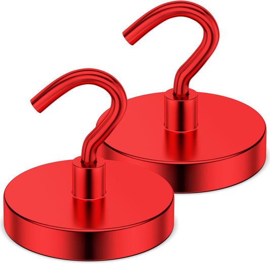 2 Pack Magnetic Hooks Heavy Duty, 110LBS Neodymium Magnet Hooks for Cruise Cabin, Strong Magnetic Hooks for Hanging, Magnets with Hooks for Home, Kitchen, Workplace, Bathroom(Red)