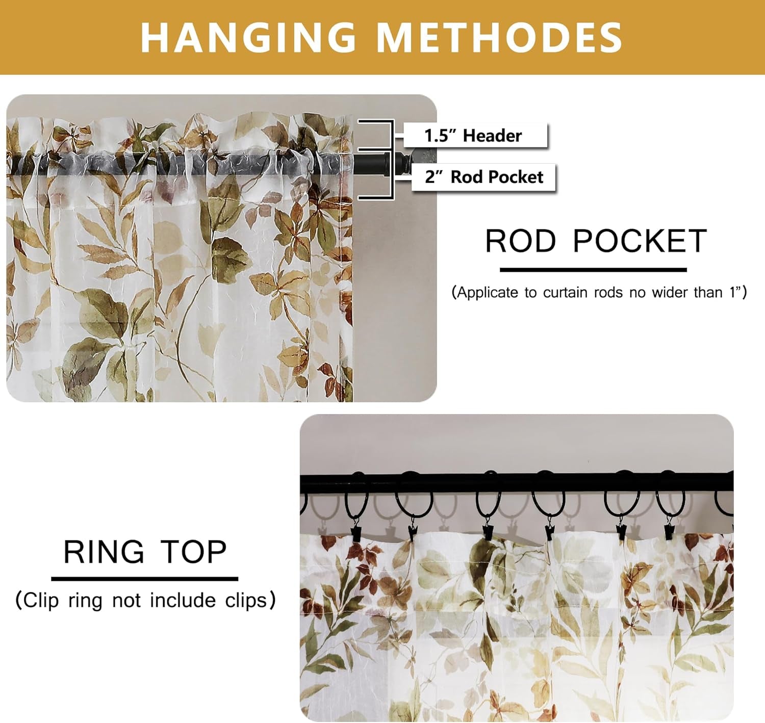 Crushed Sheer Curtains Tiers 36 Inch Length 2 Panels, Printed Design Small Half Curtains Kitchen Tiers Bathroom Cafe Bedroom Living Room, Light Filtering Curtain, 42"X36"