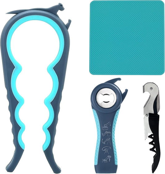 Ergonomic Jar, Bottle, and Can Opener with Rubber Gripper Pad and Corkscrew for Enhanced Accessibility for Seniors and Individuals with Limited Hand Strength