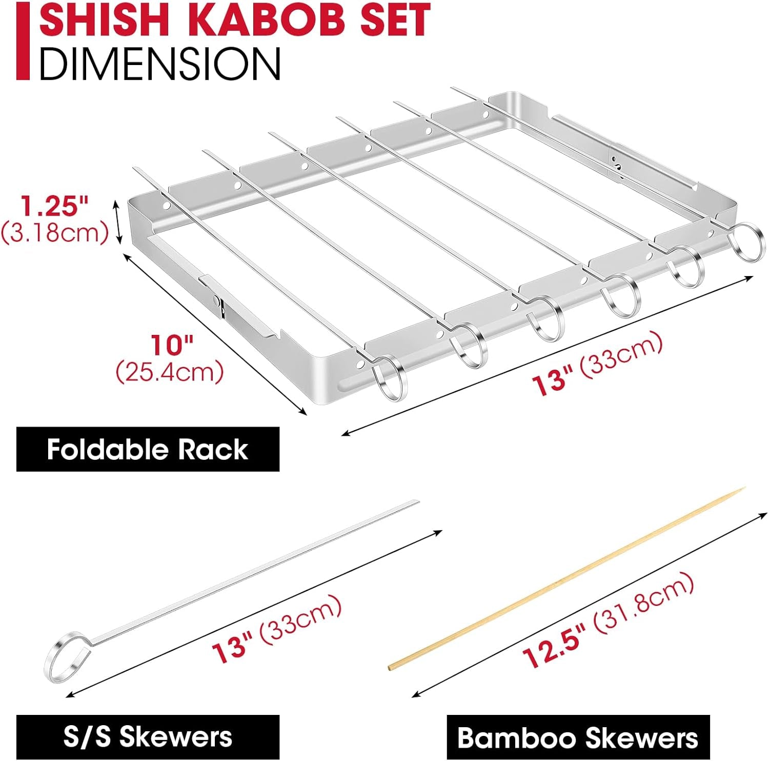 Stainless Steel BBQ Shish Kabob Set, Foldable Shish Kabob Holder with 6Pcs 13"L Skewers, Reusable Grill Rack, Comes with 30Pcs 12.5"L Bamboo Skewers for Party and Cookout