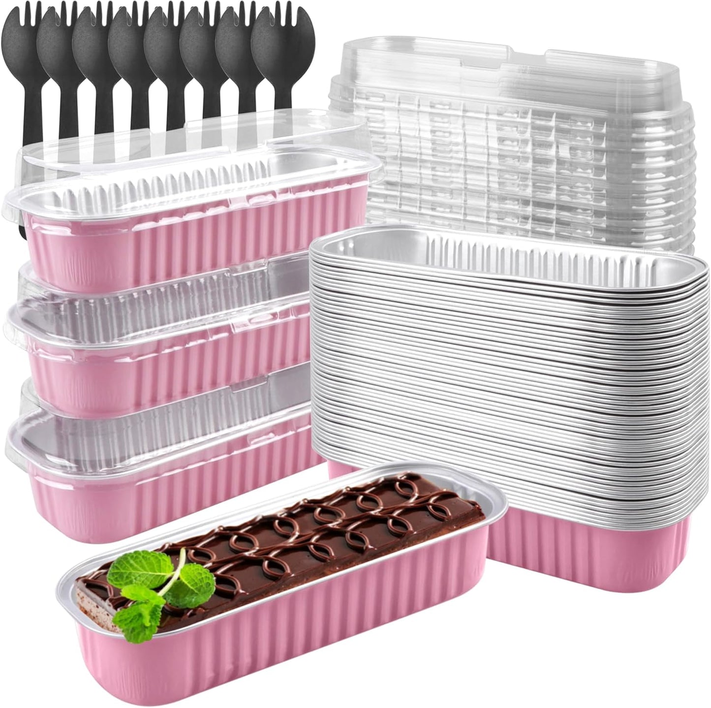 50-Pack 6.8Oz Rectangular Aluminum Foil Baking Pans - Disposable Mini Cake Pans with Lids, Cheesecake & Bread-Pink