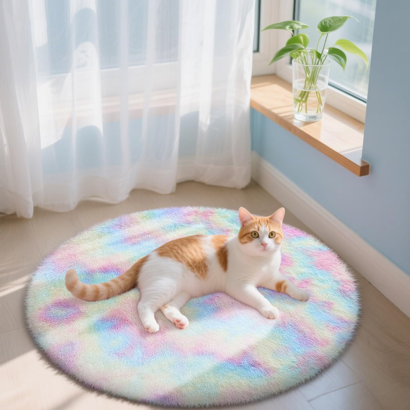 Rainbow round Rugs for Bedroom - Machine Washable, 3X3 Feet Circle Area Rugs for Living Room, Soft and Fluffy Shaggy Carpet for Teen Girls and Boys, Nursery Rooms, Dorms, Home Decor Aesthetic