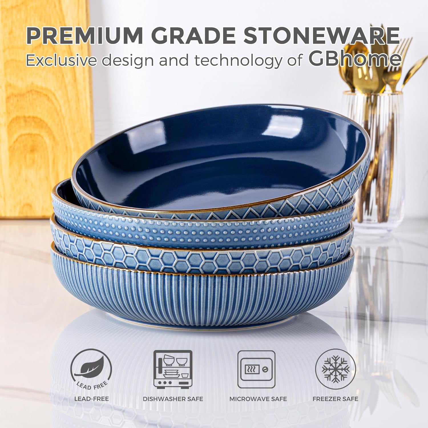 Large 9.5-Inch Stoneware Pasta Bowls, 42 Ounce Ceramic Serving Bowls with Textured Design for Salads, Fruits, Stews, and Noodles, Set of 4 in Moonlight Blue - Ideal Housewarming Gift