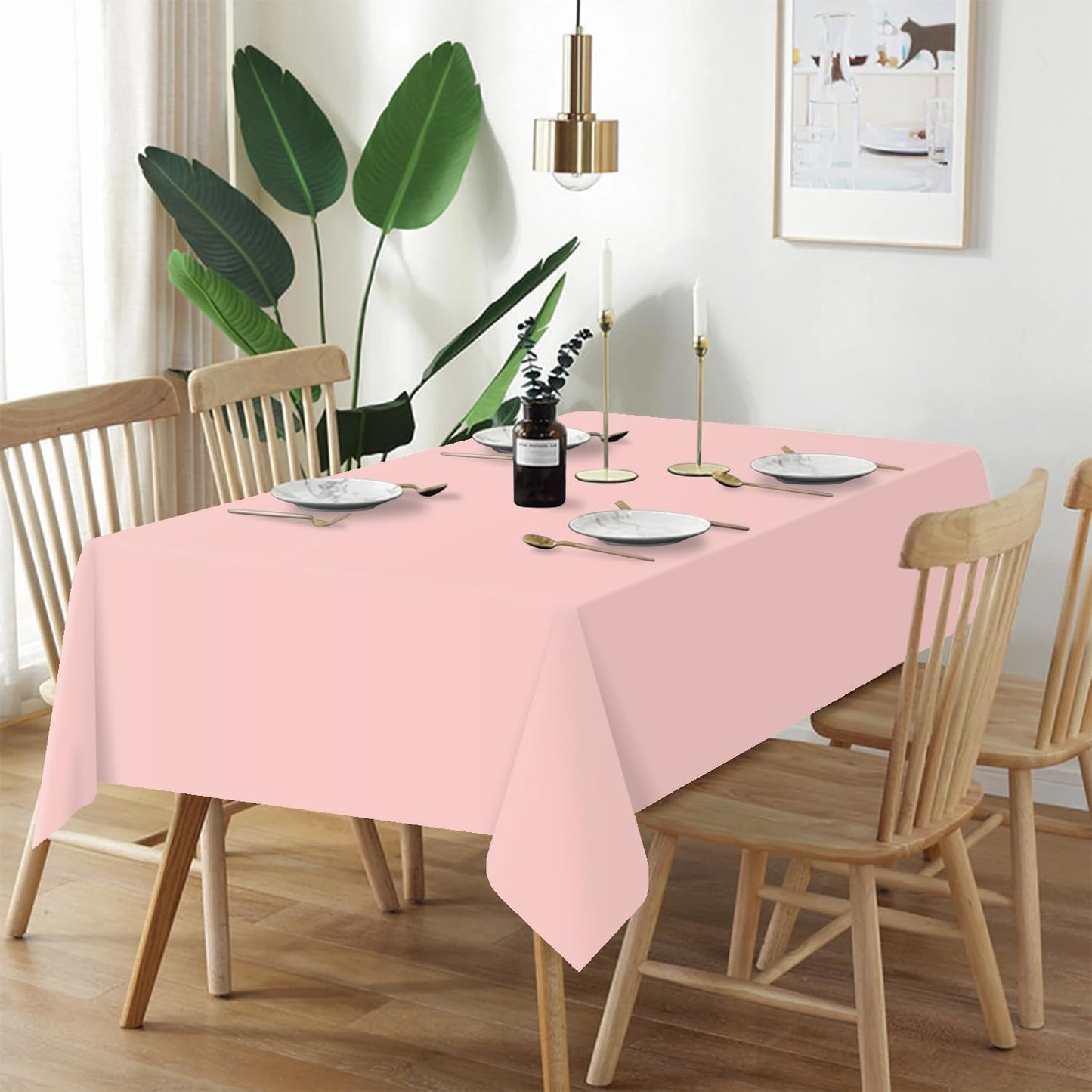 Plastic Table Cloth Disposable 2 Pack, 54 X 108 Inch Tablecloths for Rectangle Tables, Blush Pink Plastic Table Cover