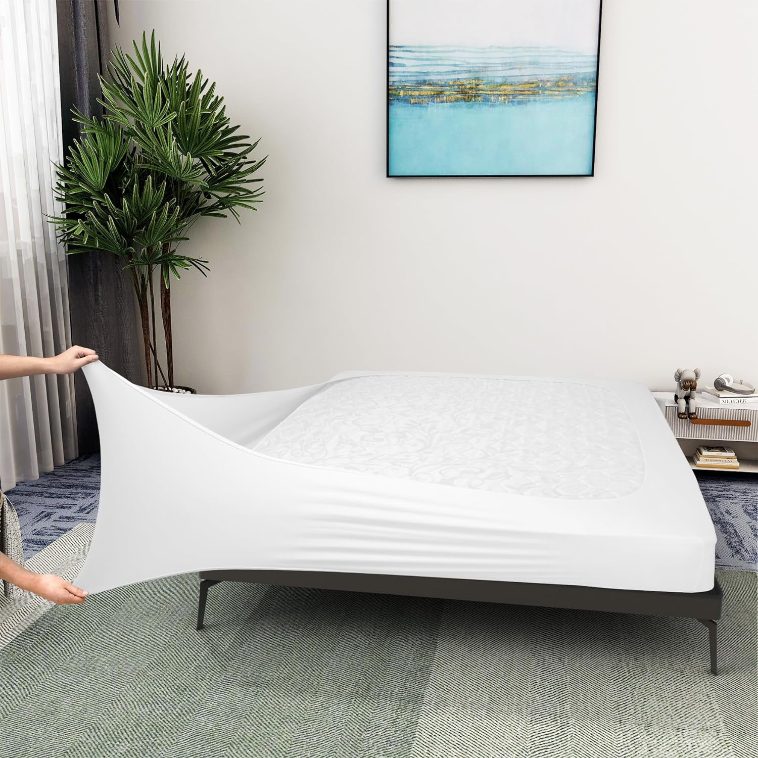 Box Spring Cover Queen Size - Jersey Knit & Stretchy Wrap around 4 Sides Bed Skirt for Hotel & Home - Queen/Queen XL, White
