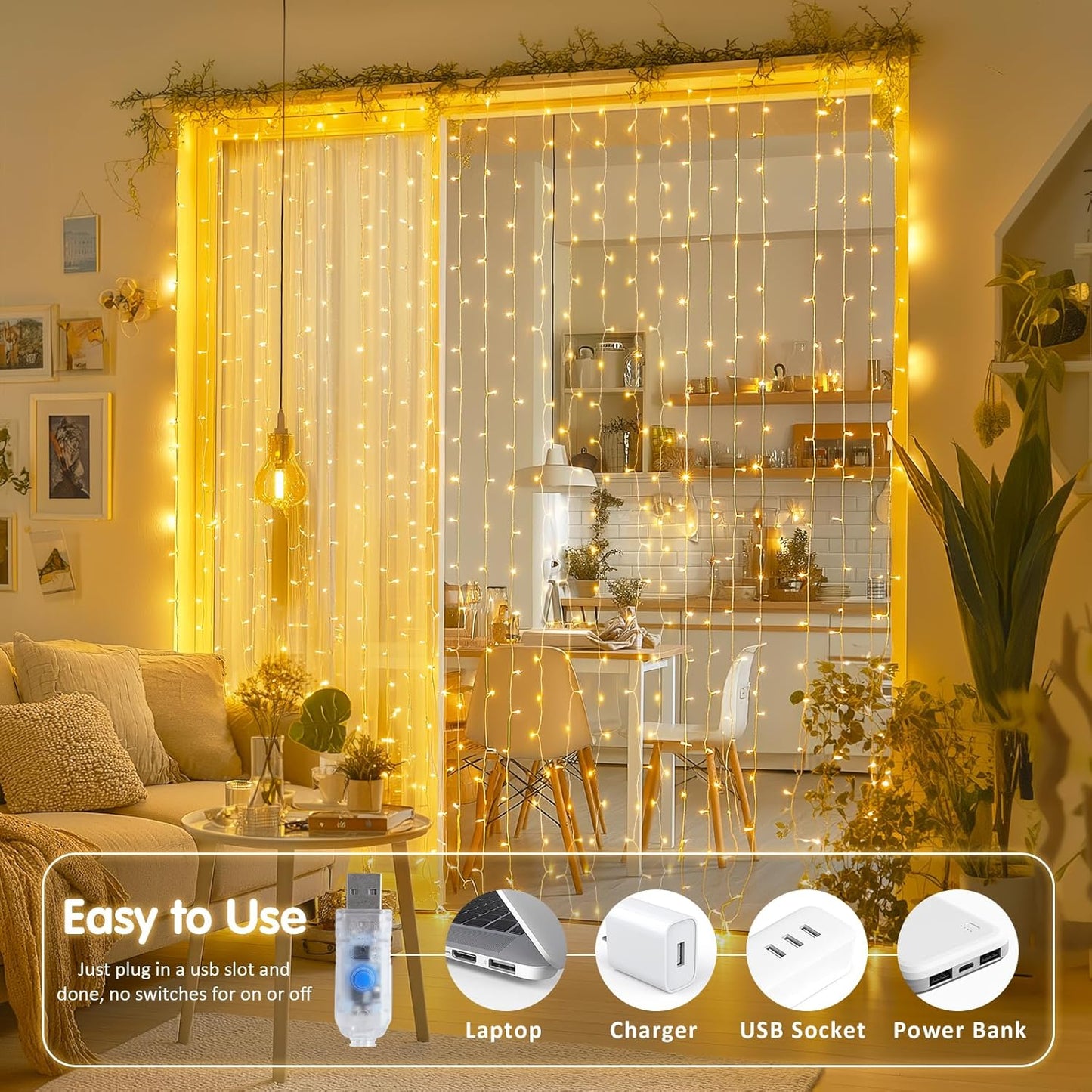 200 LED Curtain Lights for Bedroom, Warm White Hanging Curtain String Lights Indoor, USB Plug in Dorm Twinkle Lights with Remote for Wall Backdrop Wedding Birthday Party Decor, 6.5Ft X 6.5Ft