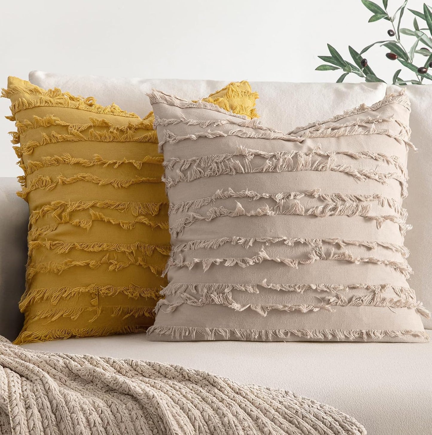Set of 2 Decorative Boho Throw Pillow Covers Linen Striped Jacquard Pattern Cushion Covers for Sofa Couch Living Room Bedroom 18X18 Inch Beige