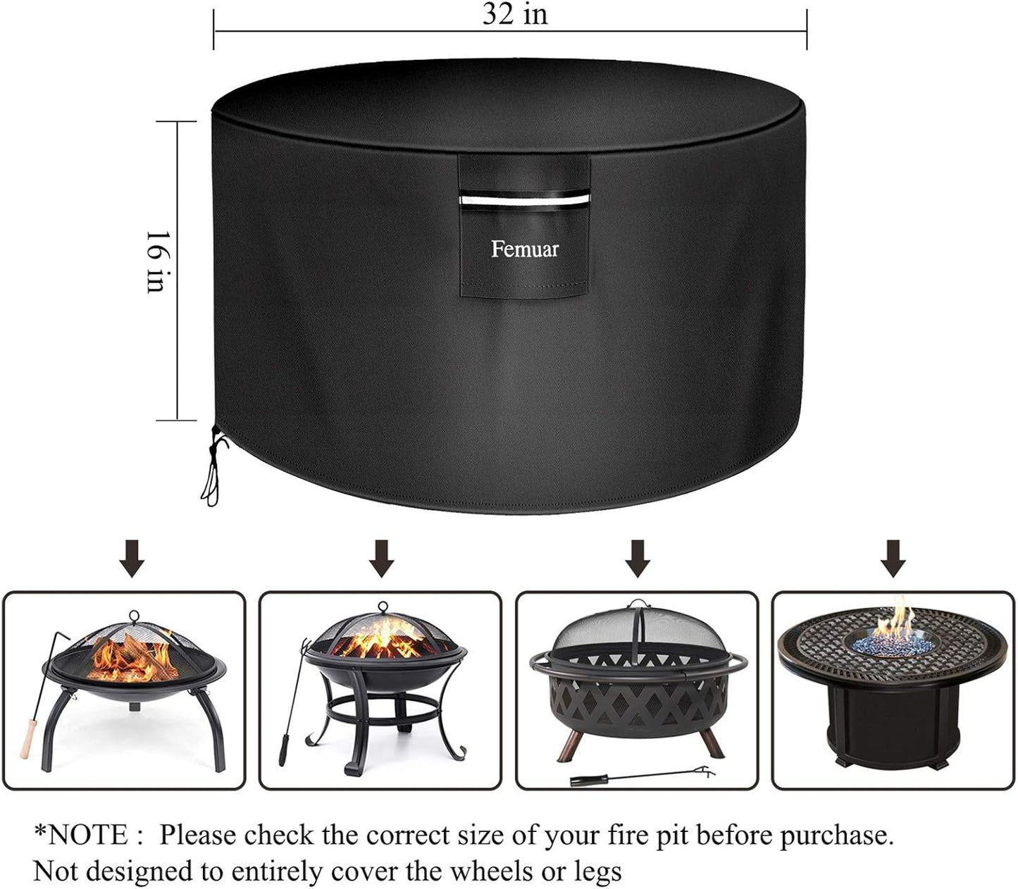 Fire Pit Cover -Waterproof 600D Heavy Duty Fire Pit Covers Round-32 Inch, Black