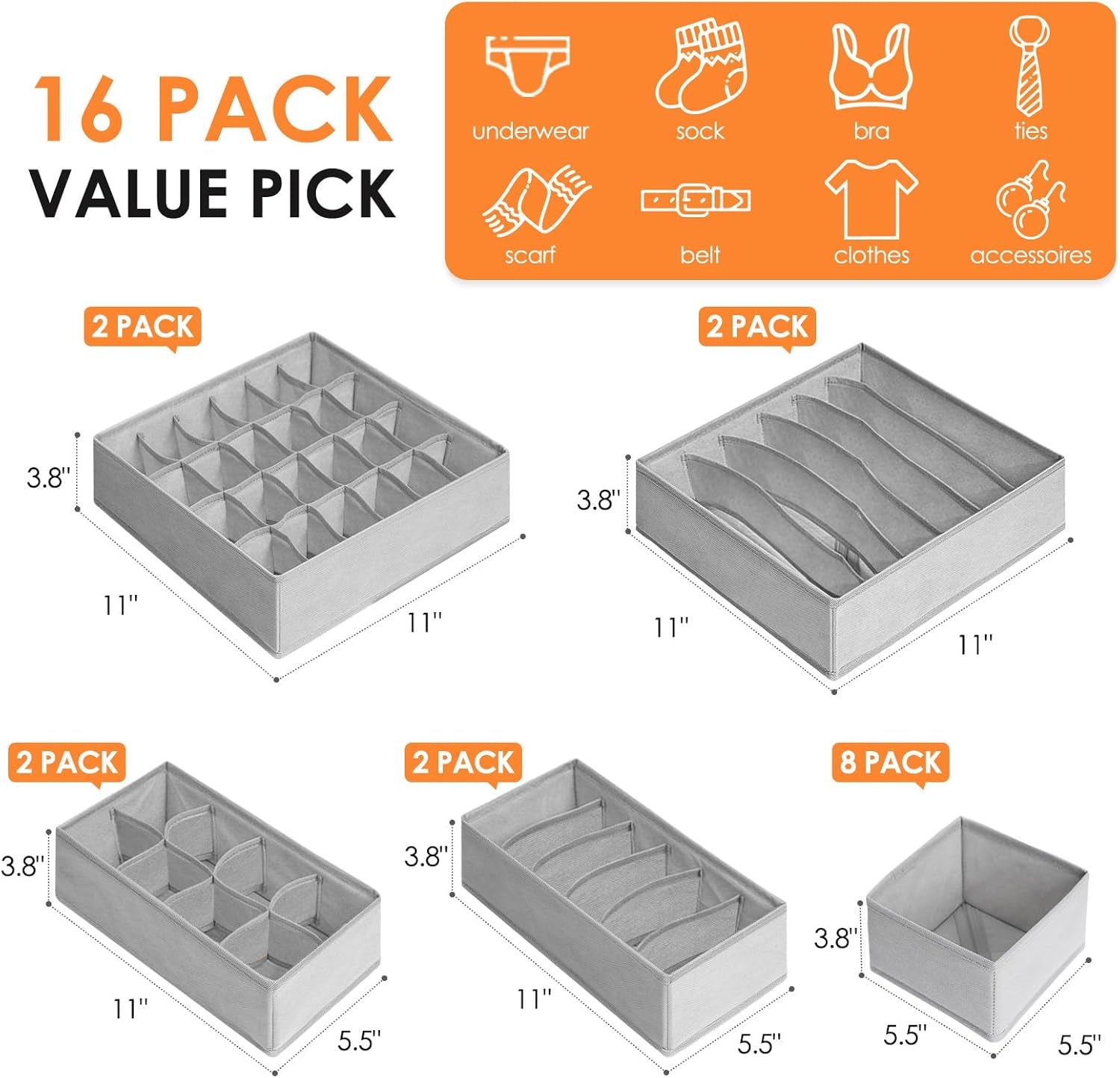 16 Pack Sock Underwear Drawer Organizer, 96 Cells Dresser Organizer for Baby Clothes, Foldable Fabric Closet Organization and Storage Dividers Bins for Nursery, Bedroom