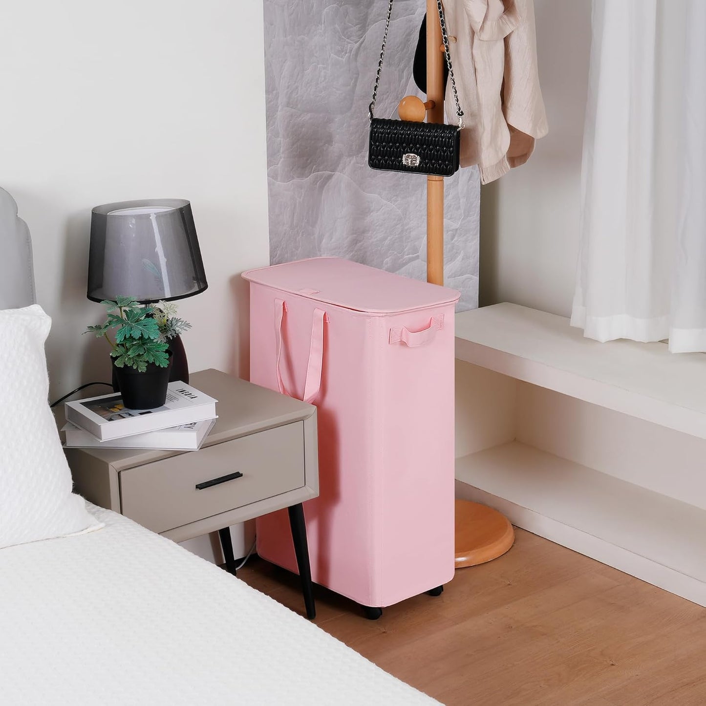 Slim Laundry Hamper with Lid and Wheels, Small Rolling Laundry Basket with Handle for Small Spaces, Tall Dirty Clothes Hampers for Dorm, Bathroom and Bedroom, 75L, Pink