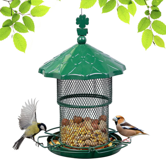 Metal Bird Feeder Tube Hanging Bird Seed Feeder Squirrel Proof Birds Feeder for outside Decoration, Large Capacity Feeder for Outdoor Garden,Green