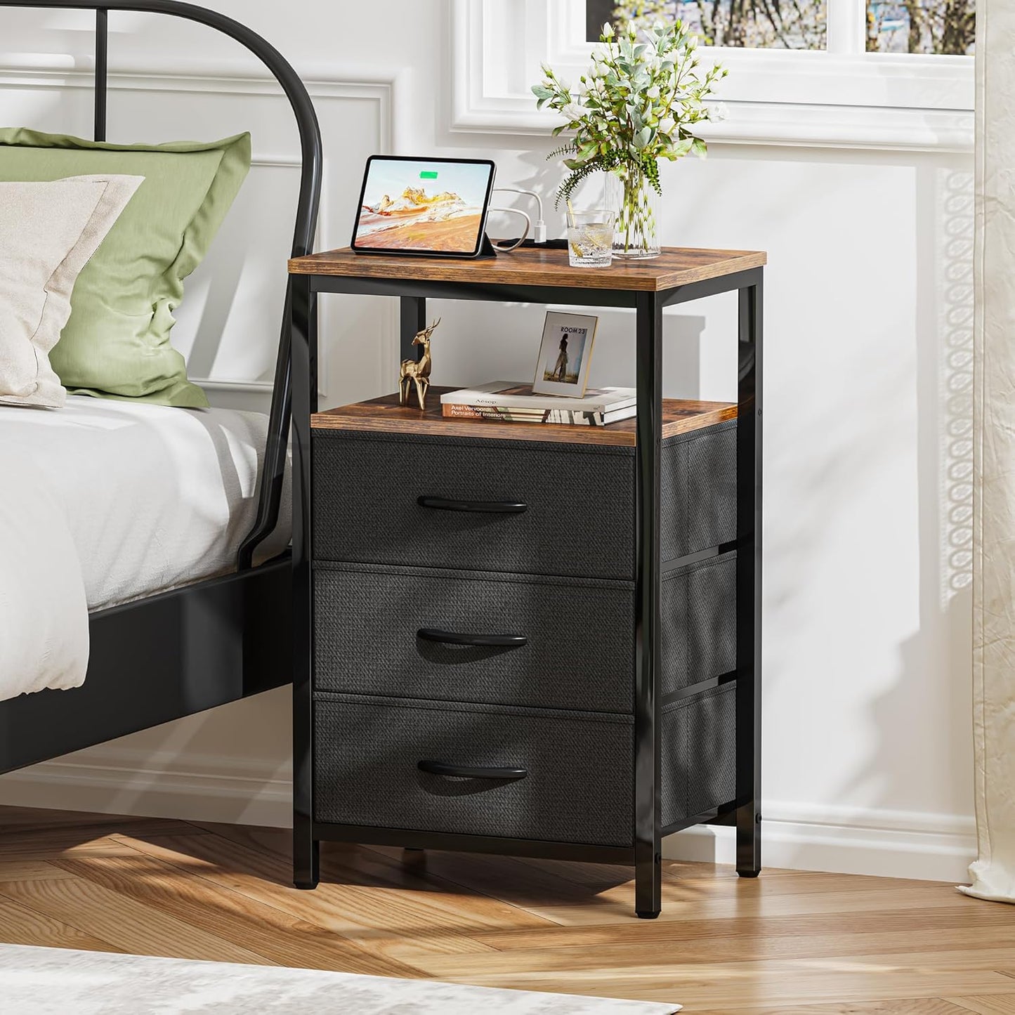 Rustic Brown and Black Nightstand with Integrated Charging Station, 27.6 Inch End Table Featuring USB Ports and Outlets, Fabric Drawers for Bedroom Use