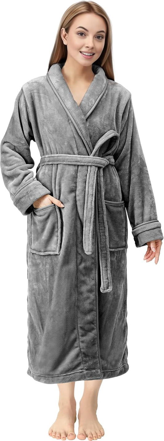Premium Women'S Robe Plush Soft Long Bathrobe Warm Fleece Shawl Collar Spa Robe