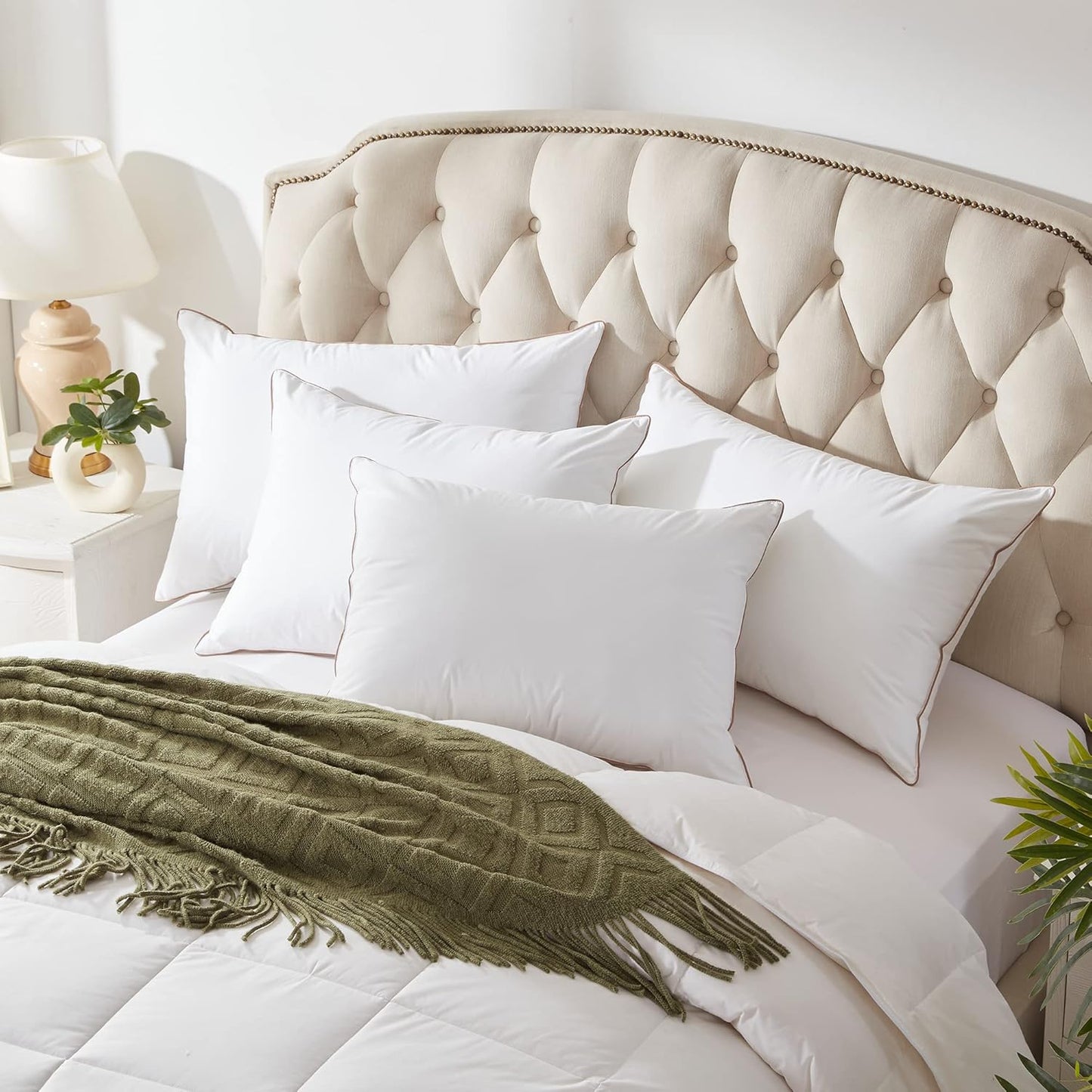® Made in USA Soft Fluffy Medium Firm Hotel Pillow, 100% Cotton Cover, Luxury Bed Pillows Standard Size Set of 2 for Back, Stomach or Side Sleeper.