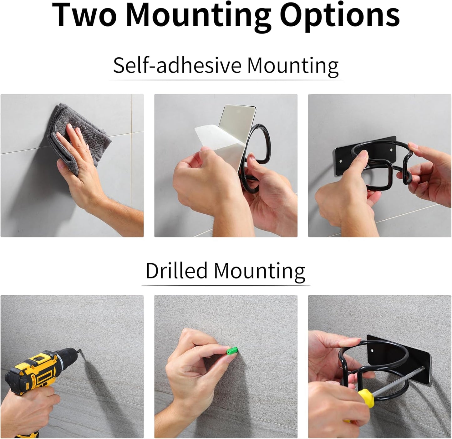 Wall-Mounted Universal Hair Dryer Holder, Self-Adhesive Stainless Steel Rack Compatible with Most Hair Dryers for Bathroom Cabinet (Black)