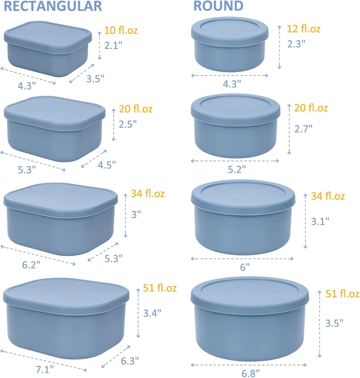 100% Silicone Food Storage Containers with Lids, 8 Pack, 10Oz to 51Oz, Reusable Leakproof Nesting & Stackable Silicone Bento Lunch Box, Microwave Freezer Dishwasher Oven Safe, BPA Free, Slate Blue
