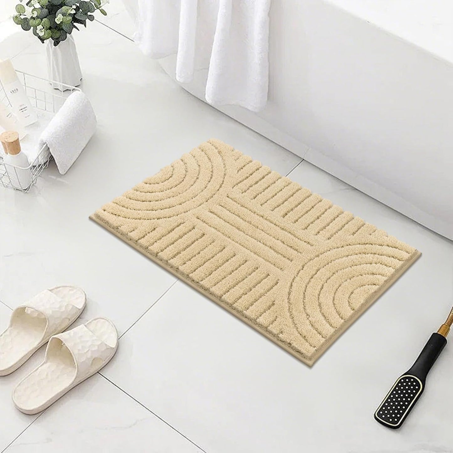 Boho Small Bathroom Rugs 24"X16" Extra Soft Absorbent Microfiber Bath Mats Home Decor Non Slip Bath Rugs Machine Washable Shaggy Carpet for Bath Room Floor Shower Bathtub, Beige 1'4" X 2'