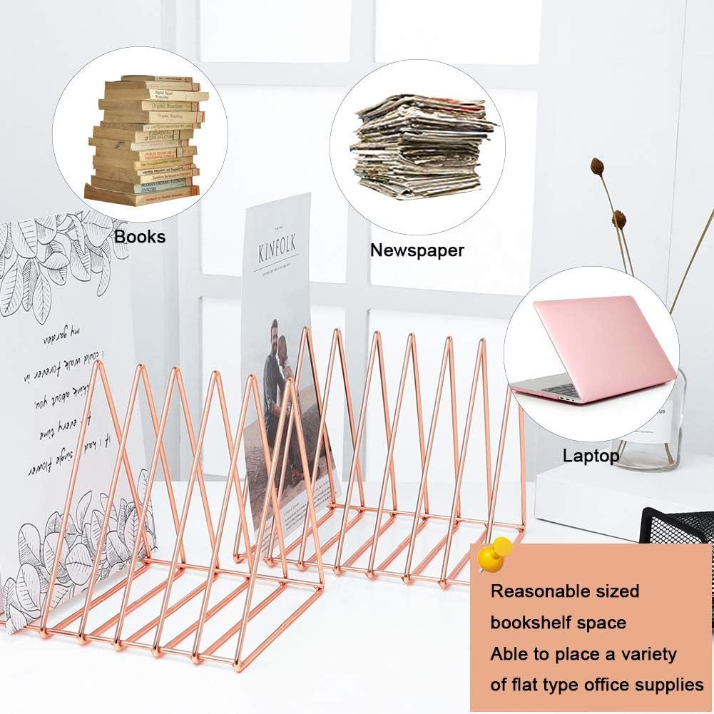 Triangle Desk Organizers Metal Wire Magazine Holder 7 Sections Decorative Vinyl Record Storage Office File Organizer for Desk - Rose Gold Magazine File Holder - 2 Pack