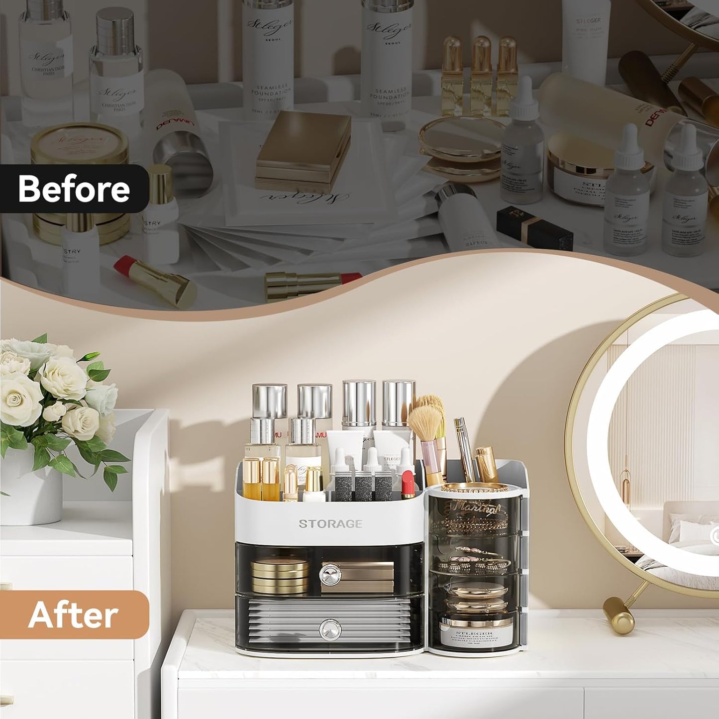 Makeup Organizer with Drawers, Cosmetic Storage for Dresser Bathroom Countertop, Include 4-Tier Rotating Jewelry Box for Brushes, Skincare, Perfume, Office, Earring, Jewelry Organizer, White